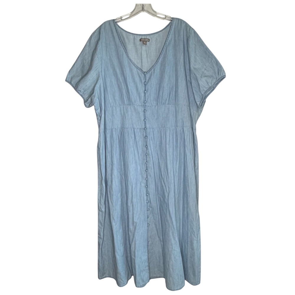 Falls Creek Womens 3X Light Blue Chambray Cotton Button Front Midi Dress Casual